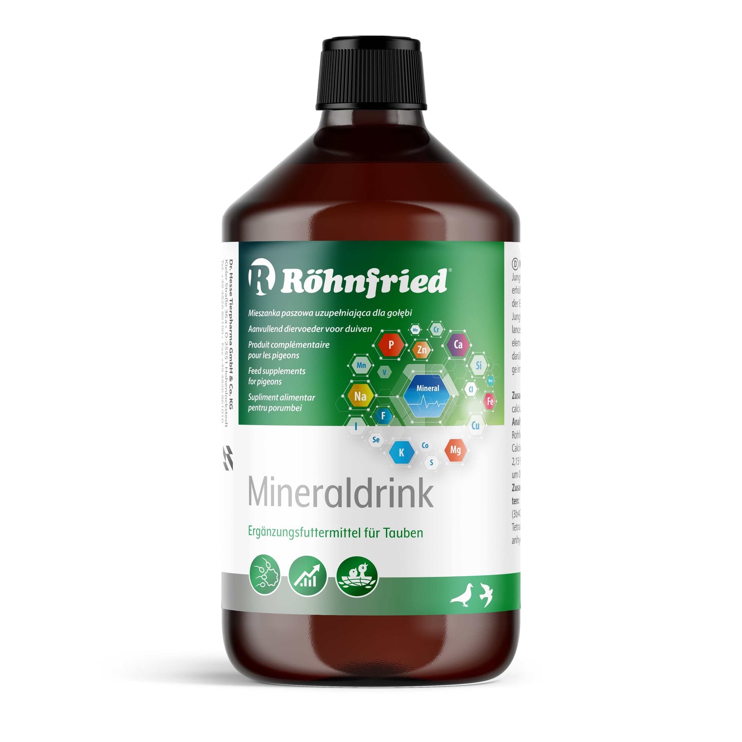 Bottle of Mineral Drink supplement for breeding pigeons and young birds with essential minerals and trace elements