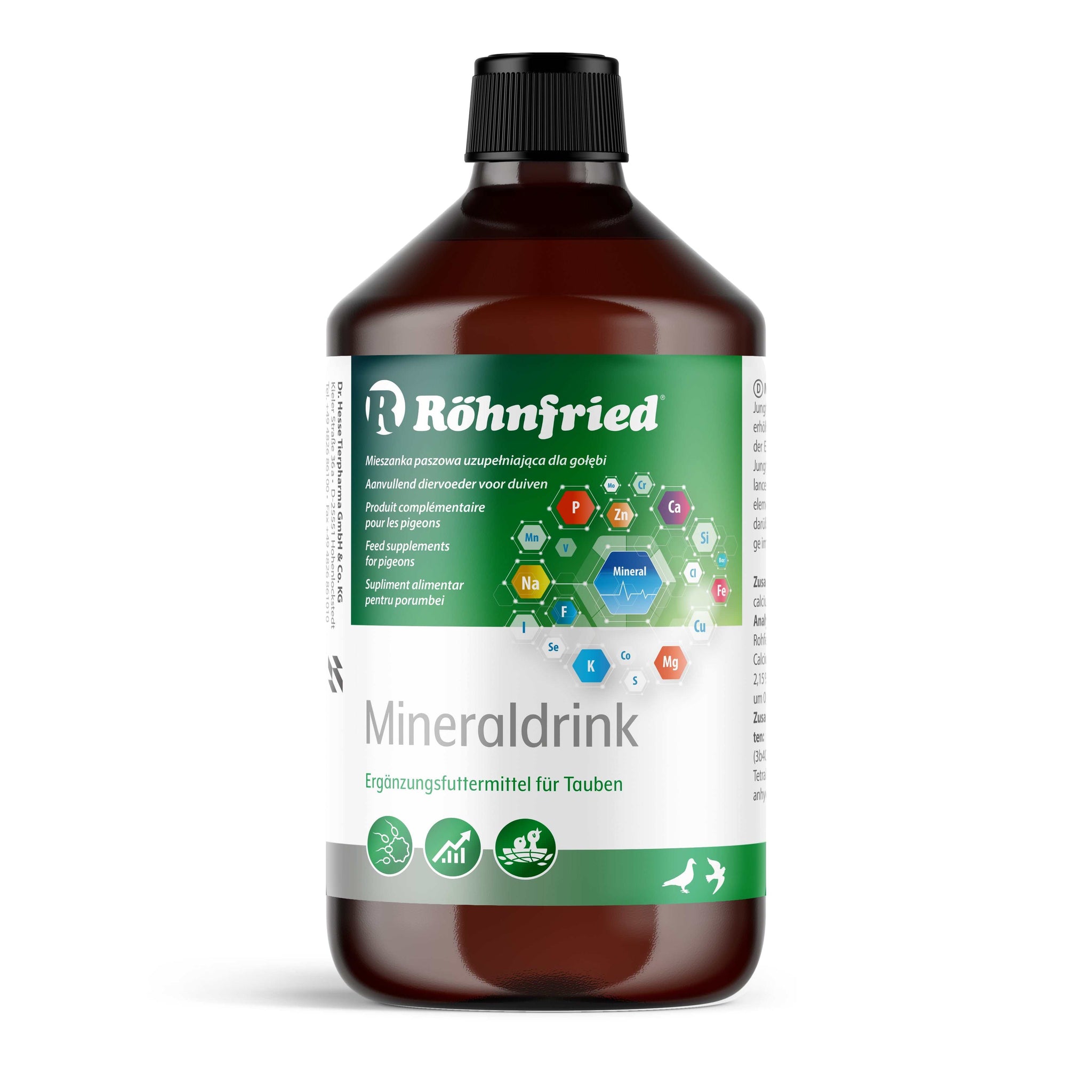 Bottle of Mineral Drink supplement for breeding pigeons and young birds with essential minerals and trace elements