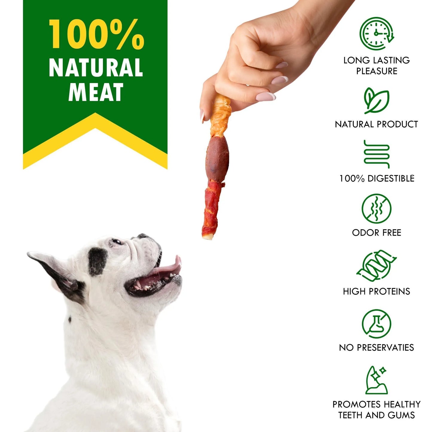 Triple Flavor Dog Rawhide Treats Duck & Chicken Human Grade Meat Natural & Organic Pet Dried Snacks Grain Free Long Lasting Chews for Large & Small Do