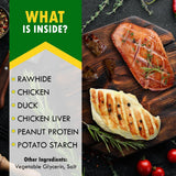 Triple Flavor Dog Rawhide Treats Duck & Chicken Human Grade Meat Natural & Organic Pet Dried Snacks Grain Free Long Lasting Chews for Large & Small Do