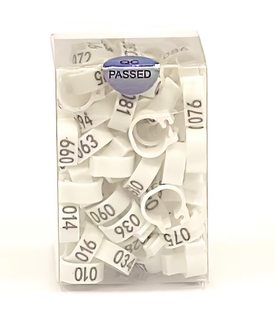 100PCS Racing Pigeon Leg Bands – Snap-On Numbered Identification Rings (001–100)