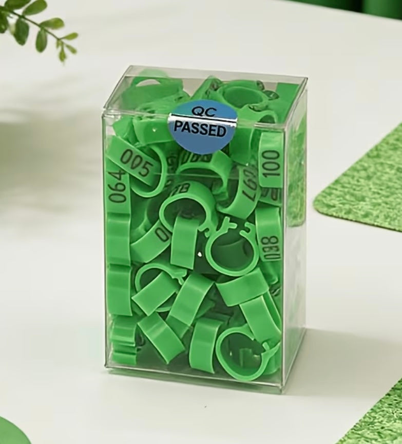 100PCS Racing Pigeon Leg Bands – Snap-On Numbered Identification Rings (001–100)